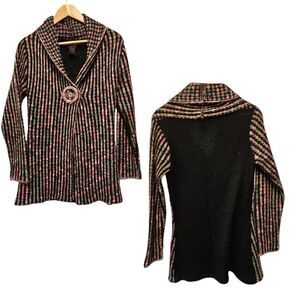 ALISON SHERI‎ Cardigan Black Pink Fuzzy One Button S/P Crochet Boho